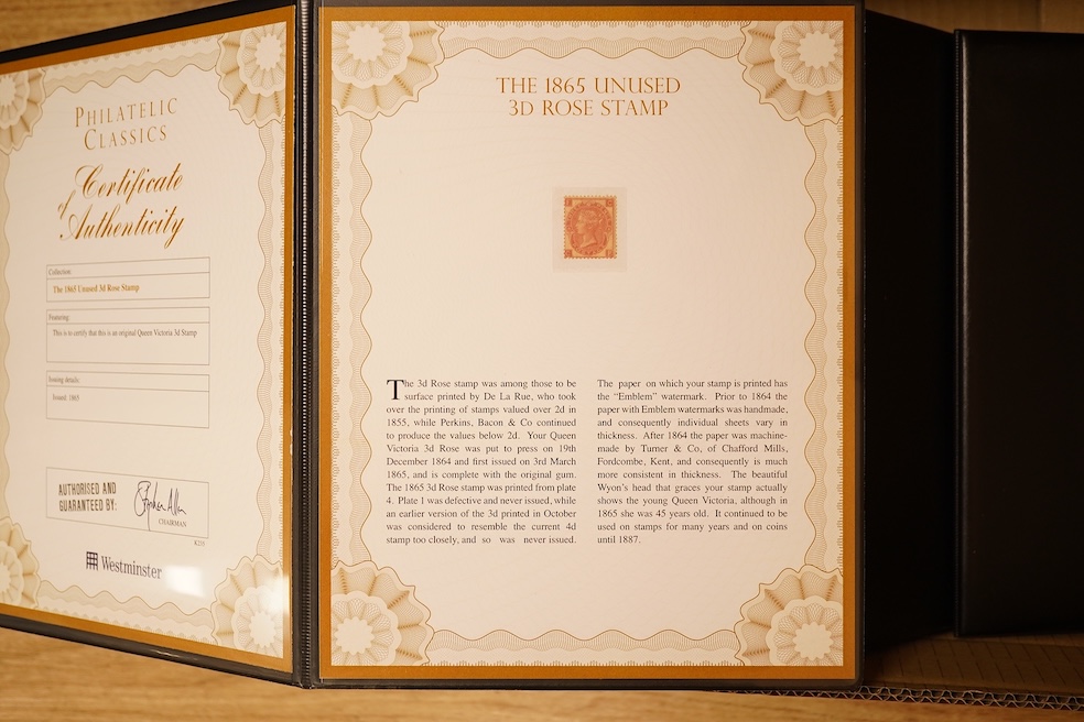 A large collection of stamps in Westminster Collection cases with certificates to include 1856 Queen Victoria 6d Lilac, 1884 10 Shilling ‘Cobalt Blue’ stamp, 1884 Victorian High Value Definitives (2s 6d, 5s, 10s), 1872-7